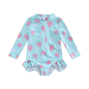 Cute Baby Girl  Swimsuit with Watermelon Print and Zipper Closure